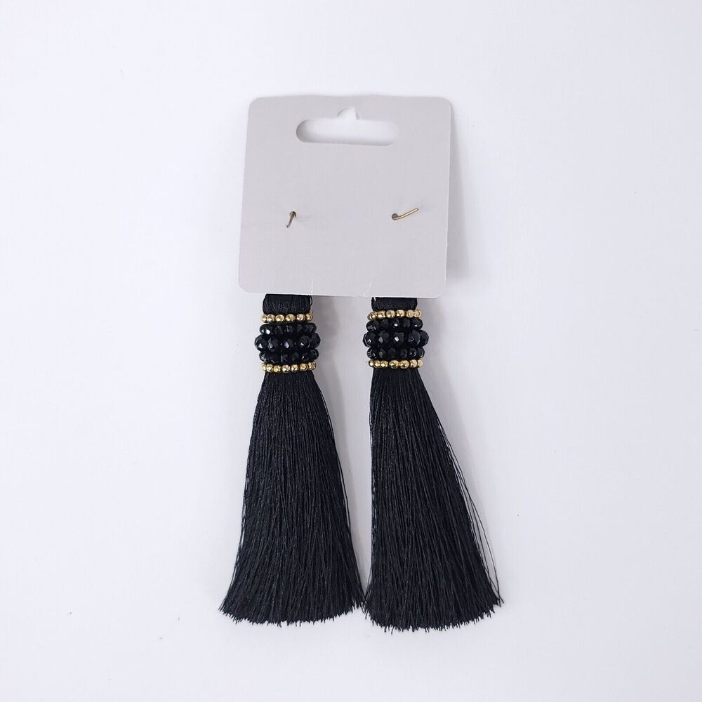 Irenes Earrings Tassel Dangle Beaded Gold Black Tone Hook Long Womens Jewelry - Picture 4 of 6